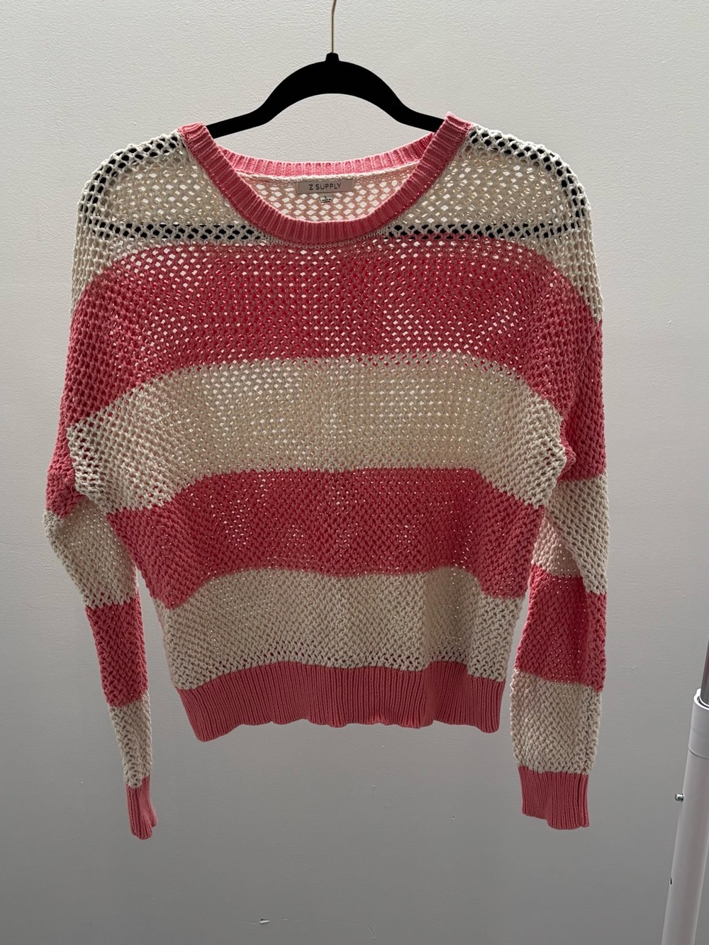 Z Supply Pink & Cream Broadbeach Striped Open-Knit Crewneck Sweater